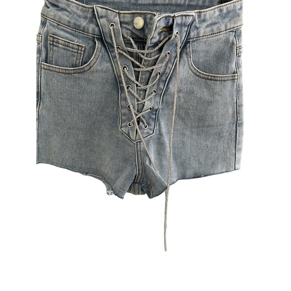 Windsor Pants - Denim Shorts Hot Pants Juniors S Silver Lace Up, Zipper, Button Western Glam NWT